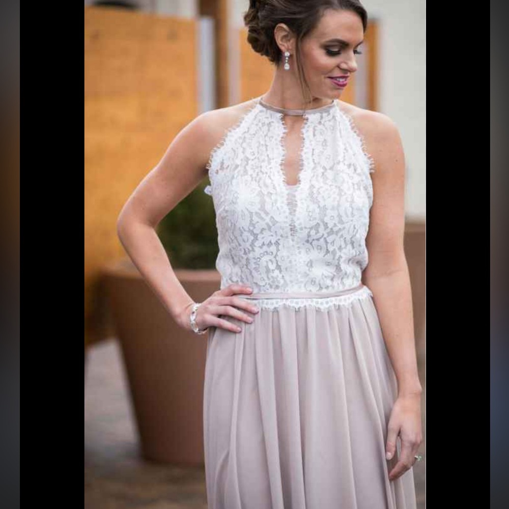 Christina Wu White and Beige Lace Maxi Dress